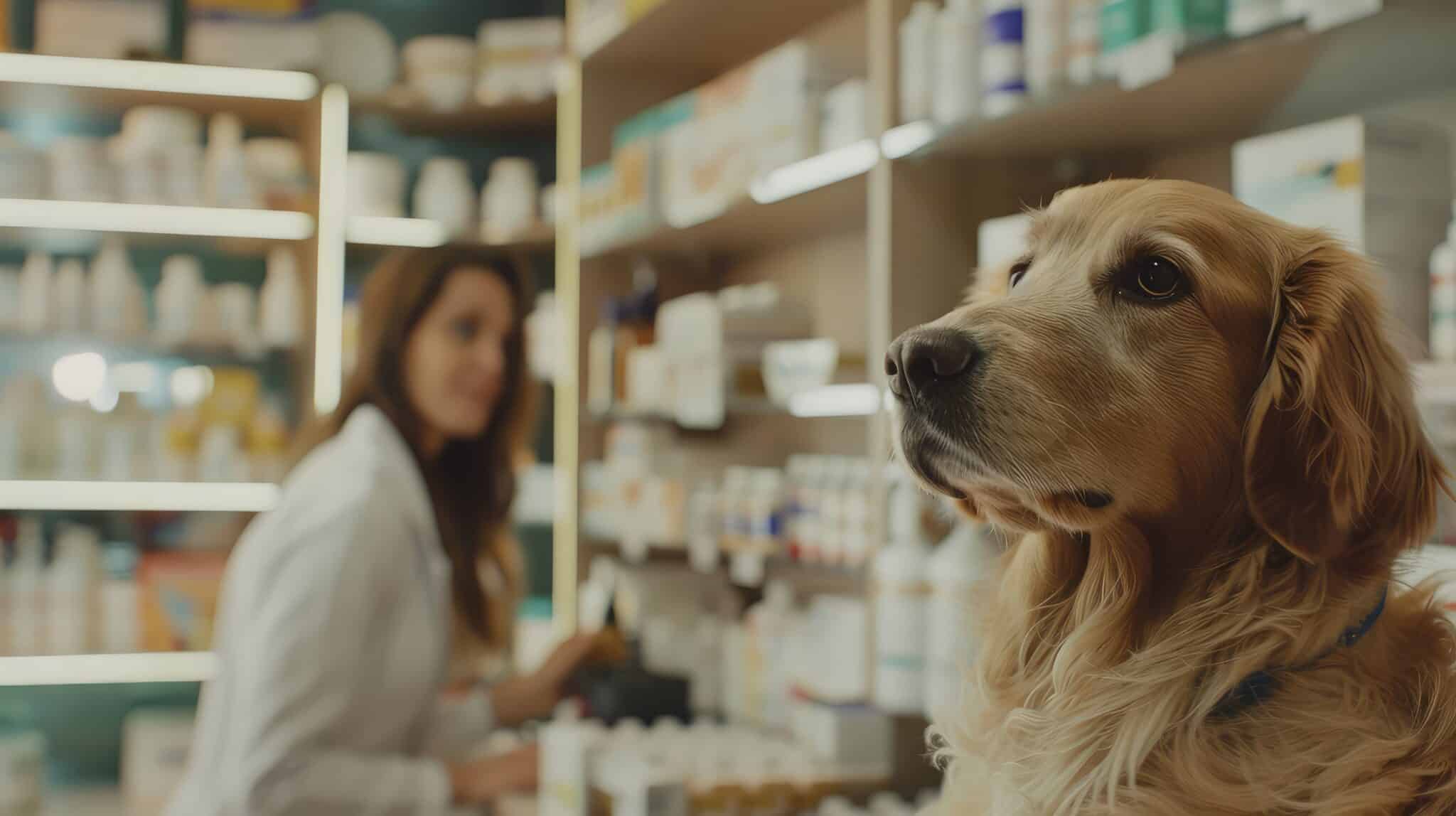Golden Retriever waits attentively in a veterinary pharmacy, showcasing the personalized care aspect of a veterinary pharmacy career.