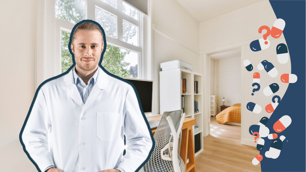 Pharmacist in a white lab coat at home.