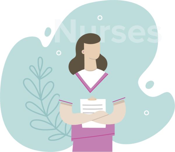 Nurse with a clipboard in front of the word Nurses