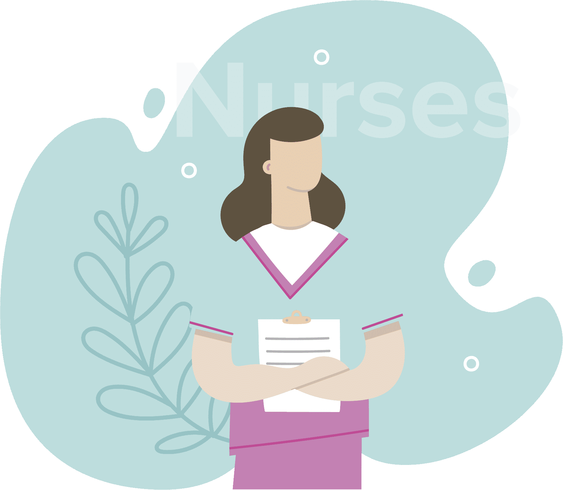 Nurse with a clipboard in front of the word Nurses