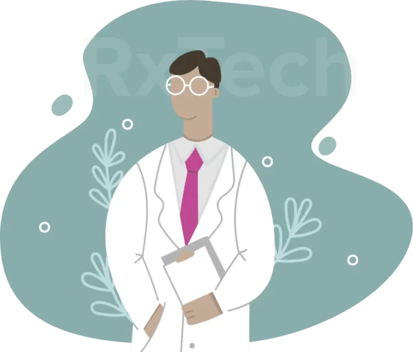 Pharmacy Tech with a clip board in front of the words RxTech